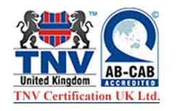 Logos of TNV Certification UK Ltd. and AB-CAB Accredited, featuring blue and red elements with stylized lion graphics and a globe illustration.